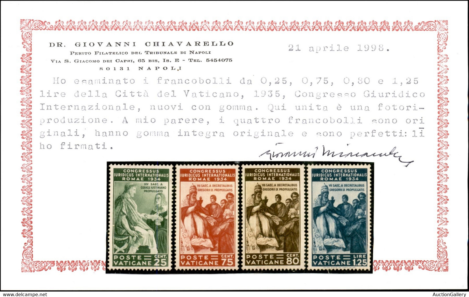 Vaticano - Posta Ordinaria - 1935 - Congresso Giuridico (41/46) - Serie Completa - Gomma Integra - Cert. Chiavarello - Other & Unclassified
