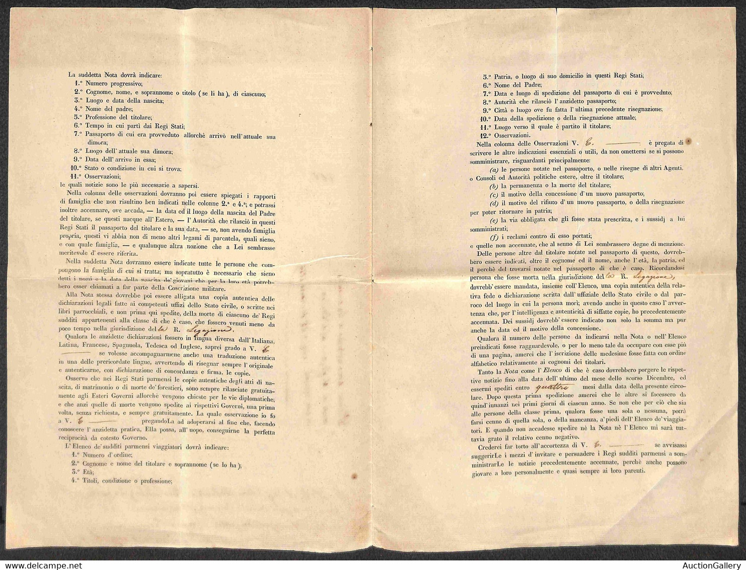 1854 (1 Febbraio) - Stati Parmensi/Affari Esteri - Circolare A Stampa Per Napoli Con Uniti Moduli Per Elenco Dei Viaggia - Otros & Sin Clasificación