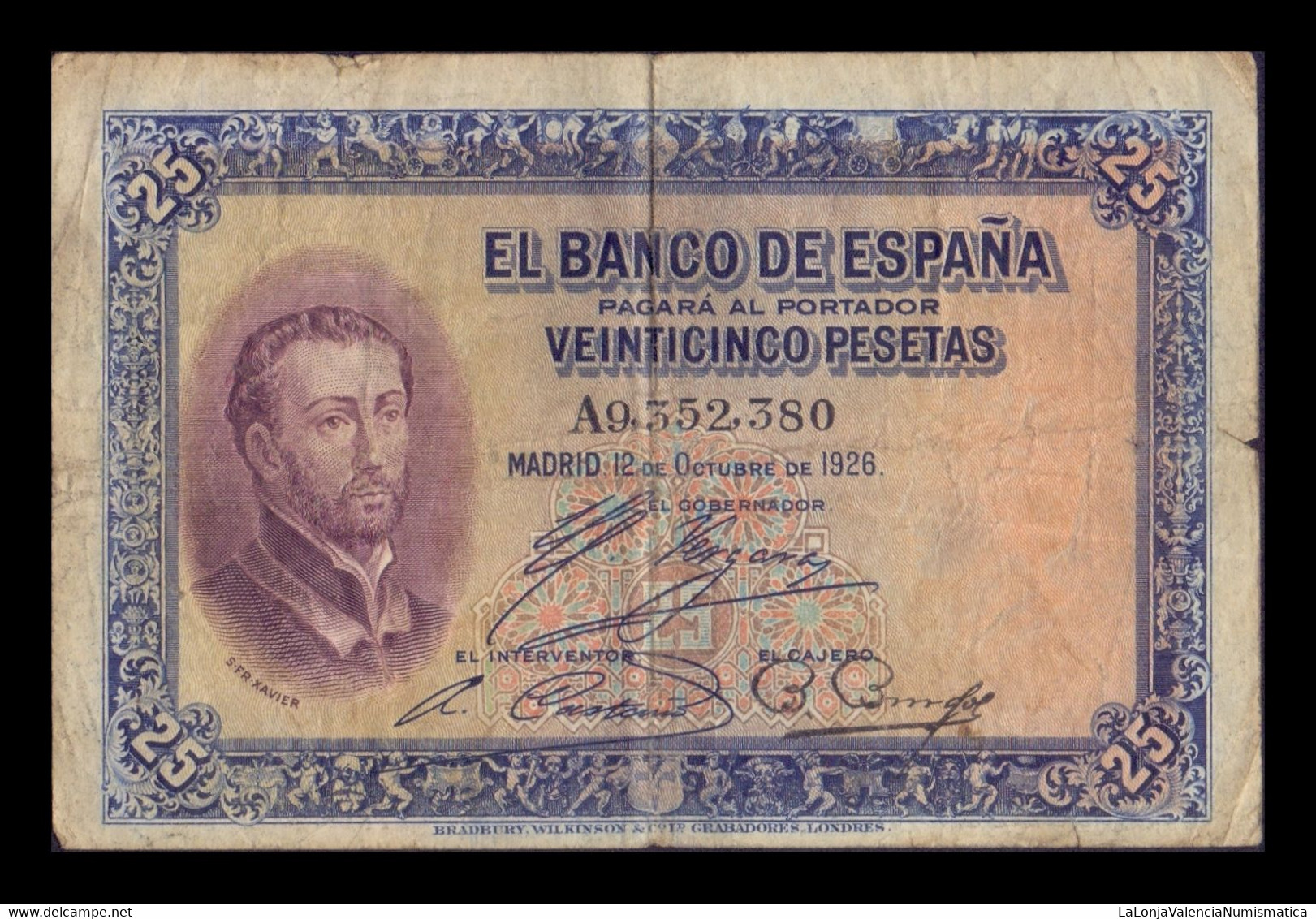 España Spain 25 Pesetas San Francisco Xavier 1926 Pick 71 T.380 BC F - 1-2-5-25 Pesetas