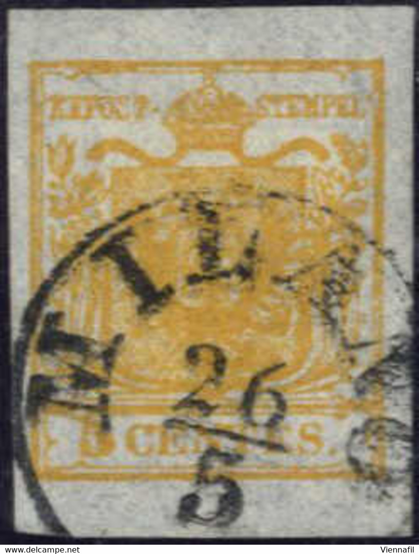 O 1850, 5 Cent. Arancio Su Carta Sottile 0,075mm, Timbrato Milano 26.5., Splendido, Cert. Dr. Ferchenbauer, Sass. 1h / 2 - Lombardy-Venetia