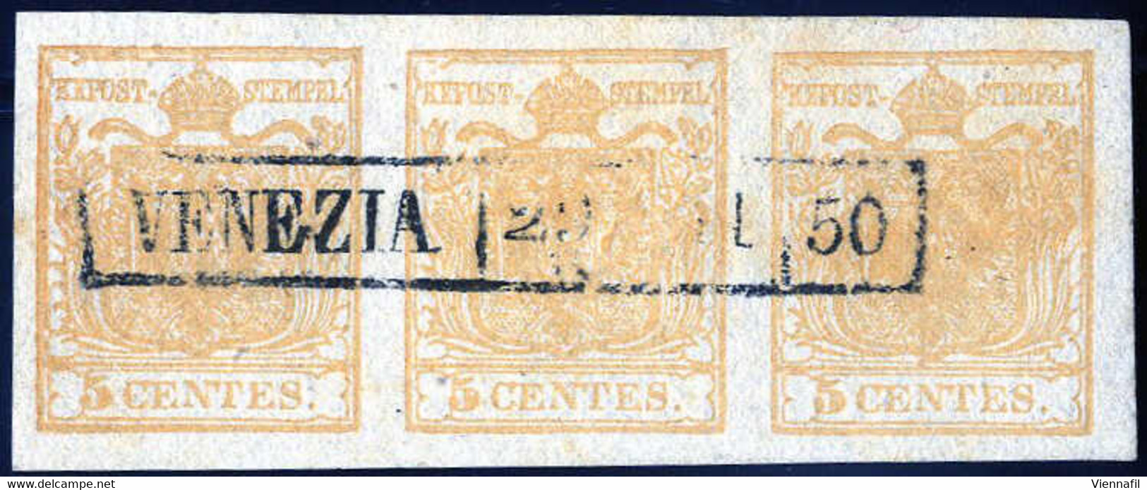 O 1850, 5 Cent. Giallo Arancio Chiaro Striscia Orizzontale Di Tre, Annullato Venezia, Splendido, Firmato Colla, Sass. 1f - Lombardije-Venetië