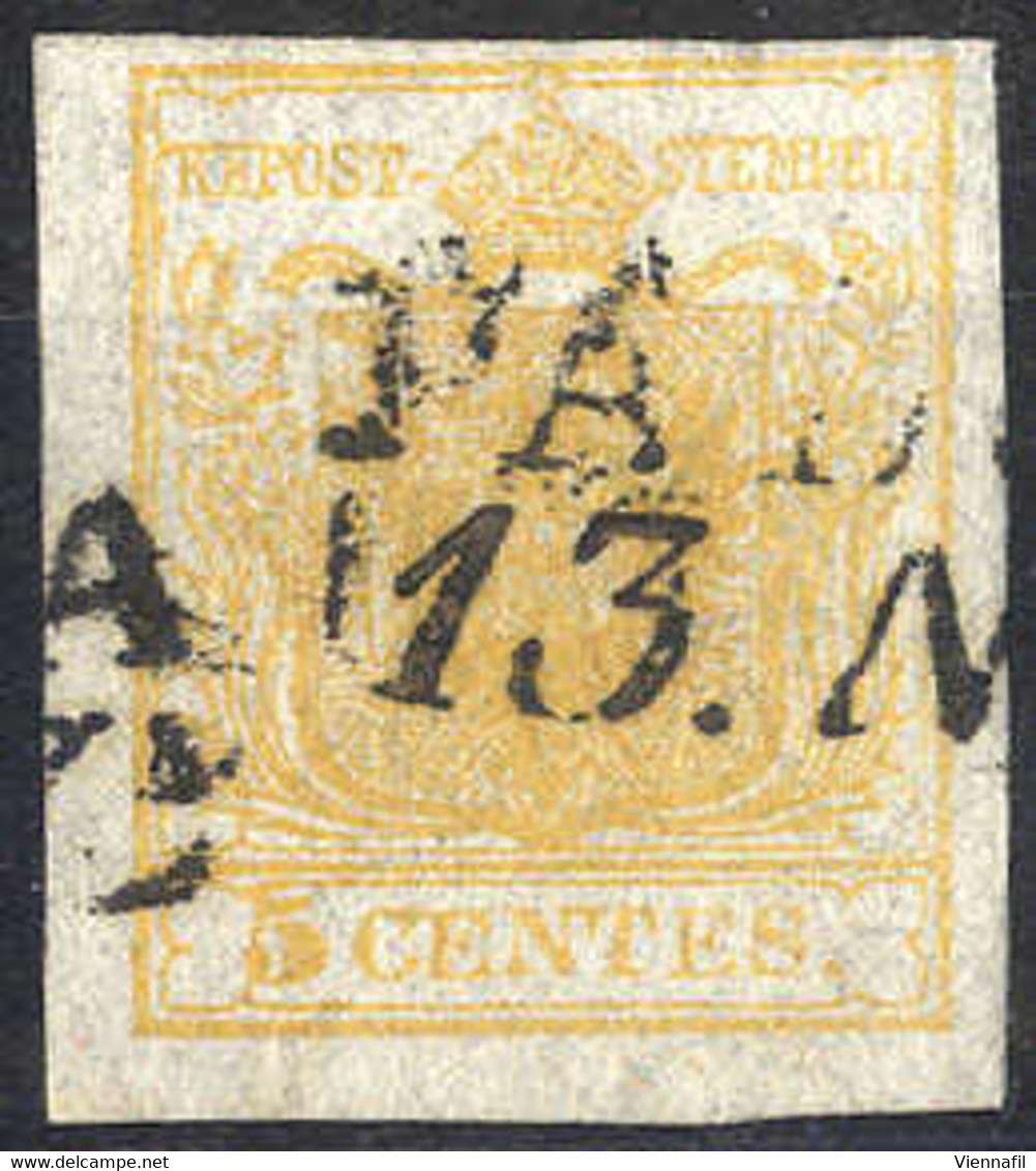 O 1850, 5 Cent. Giallo Arancio Chiaro, Usato, Cert. Steiner (Sass. 1f) - Lombardy-Venetia