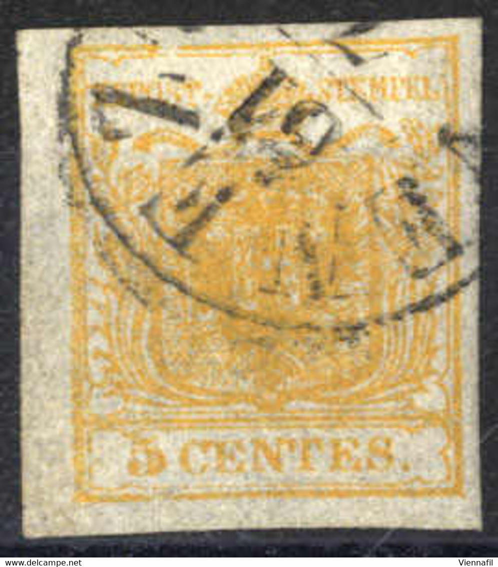 O 1850, 5 Cent. Giallo Arancio, Randdruck A Sinistra, Cert. Goller (Sass. 1g) - Lombardy-Venetia