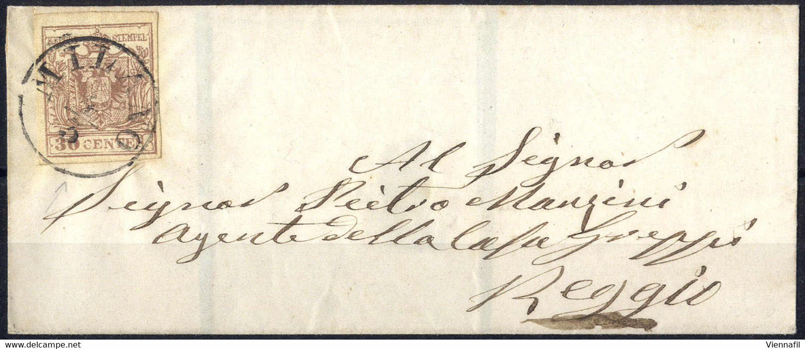 Cover 1850, 30 Cent. III°tipo Bruno Rossiccio Su Lettera Di Lutto Da Milano 4/3 A Reggio (Modena), Cert.Goller, ANK 4Y R - Lombardo-Venetien