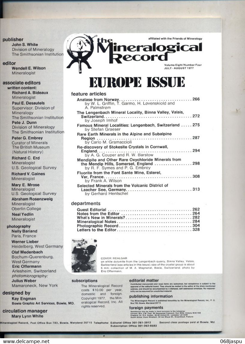 Revue Mineralogie Record Mineraux D'europe  1977 - Nature/ Outdoors