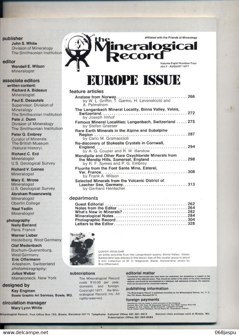 Revue Mineralogie Record Mineraux D'europe  1977 - Natuur