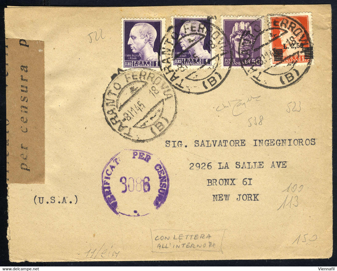 Cover 1945, Lettera Da Taranto 8.11.1945 Per New York Affrancata Per 5 Lire Con Sass. 522x2 + 523 + 538, Censurata - Andere & Zonder Classificatie