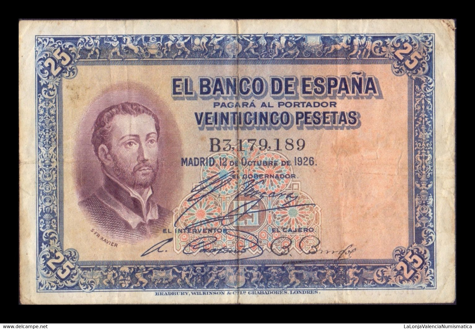 España Spain 25 Pesetas San Francisco Xavier 1926 Pick 71 T.189 MBC VF - 1-2-5-25 Peseten