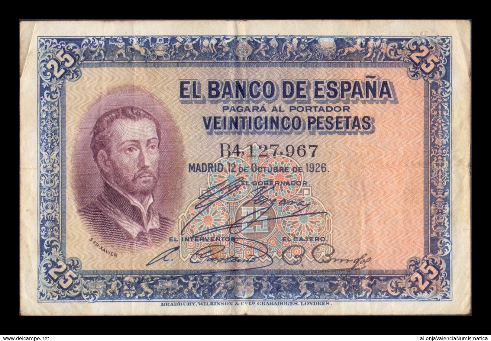 España Spain 25 Pesetas San Francisco Xavier 1926 Pick 71 T.967 MBC VF - 1-2-5-25 Pesetas