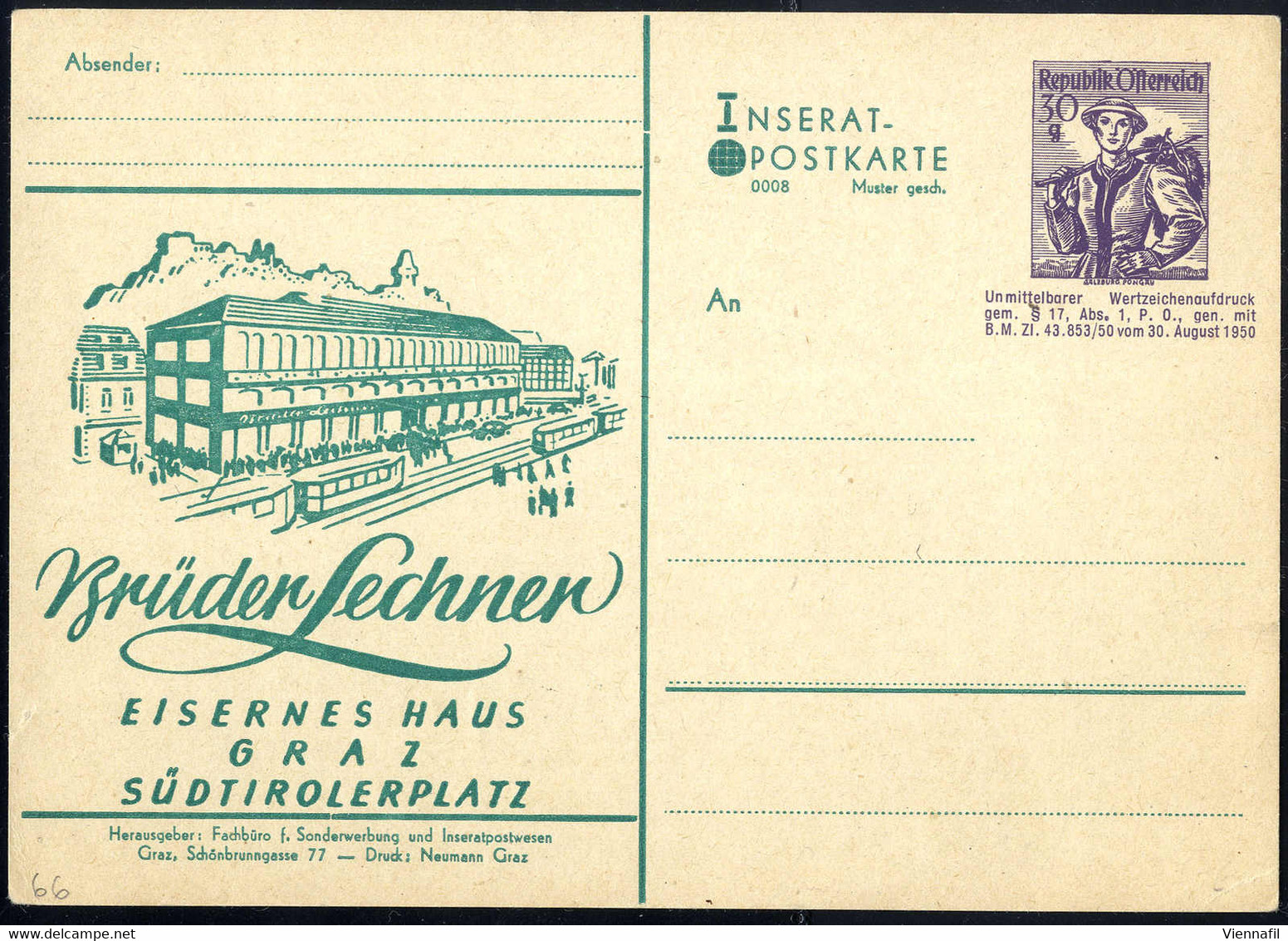 Cover 1948/52, Trachten, Inserat - Postkarte 0008 Zu 30 Gr. Violett, Ungebraucht (Schneiderbauer 44y) - Andere & Zonder Classificatie