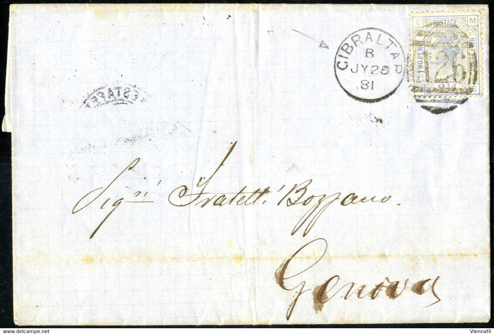 Cover 1881, Entire Lettersheet Dated 25.7.1881 From Gibraltar Via Spain To Genova, Franked With GB 2 1/2 D. Blue Plate 2 - Gibraltar