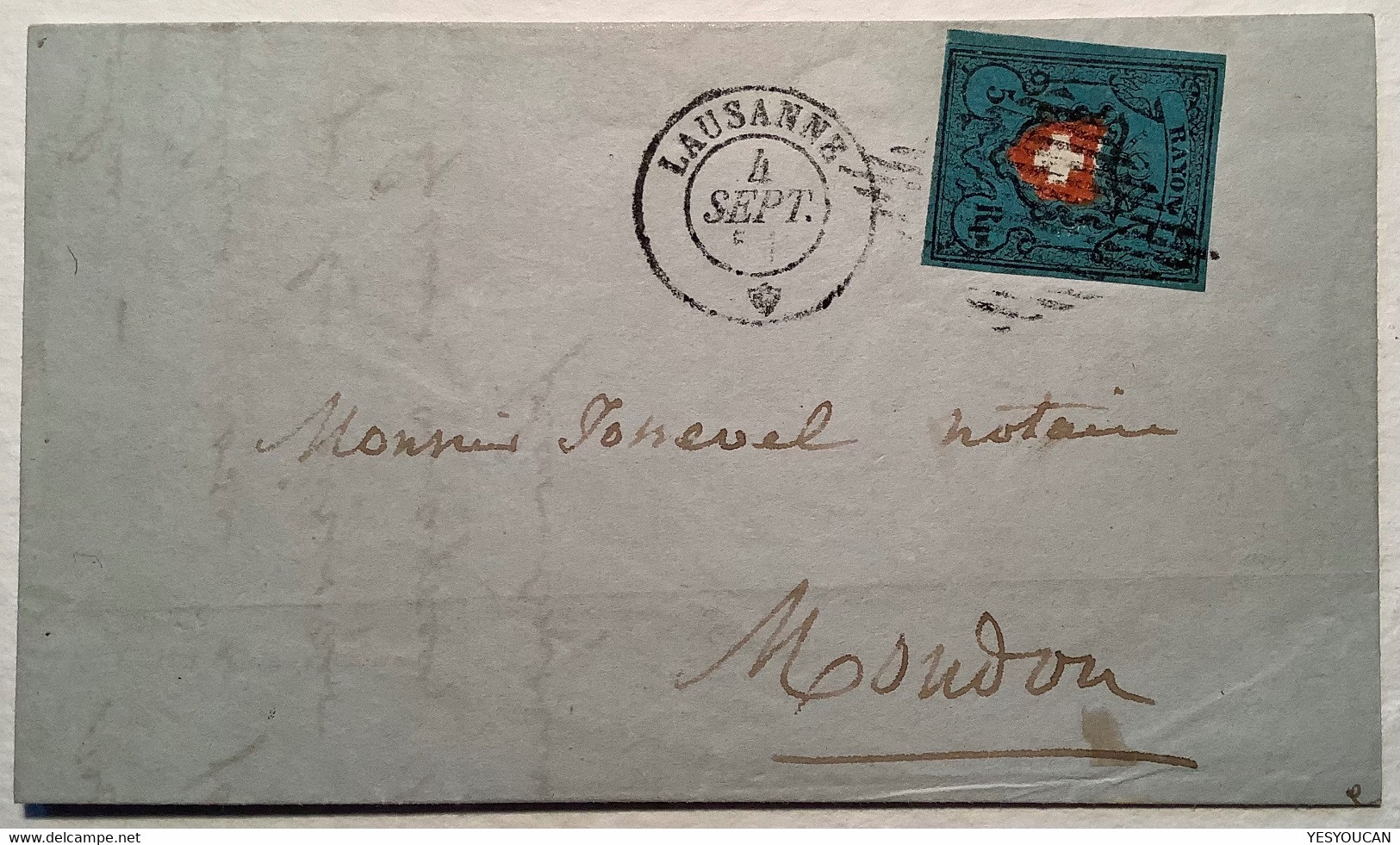 1850 ZNr 15 II, RARITÄT SEHR SPÄTE VERWENDUNG: LAUSANNE SEPT 1851 Brief 5 Rp Rayon I Attest Marchand (Schweiz Suisse VD - 1843-1852 Federal & Cantonal Stamps