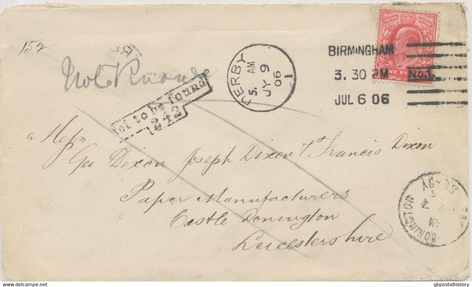 GB 6.7.1906, King EVII 1 D Red Tied By Columbia Machine Postmark „BIRMINGHAM No.1.“ Also CDS „CASTLE DONINGTON / DERBY“ - Cartas & Documentos