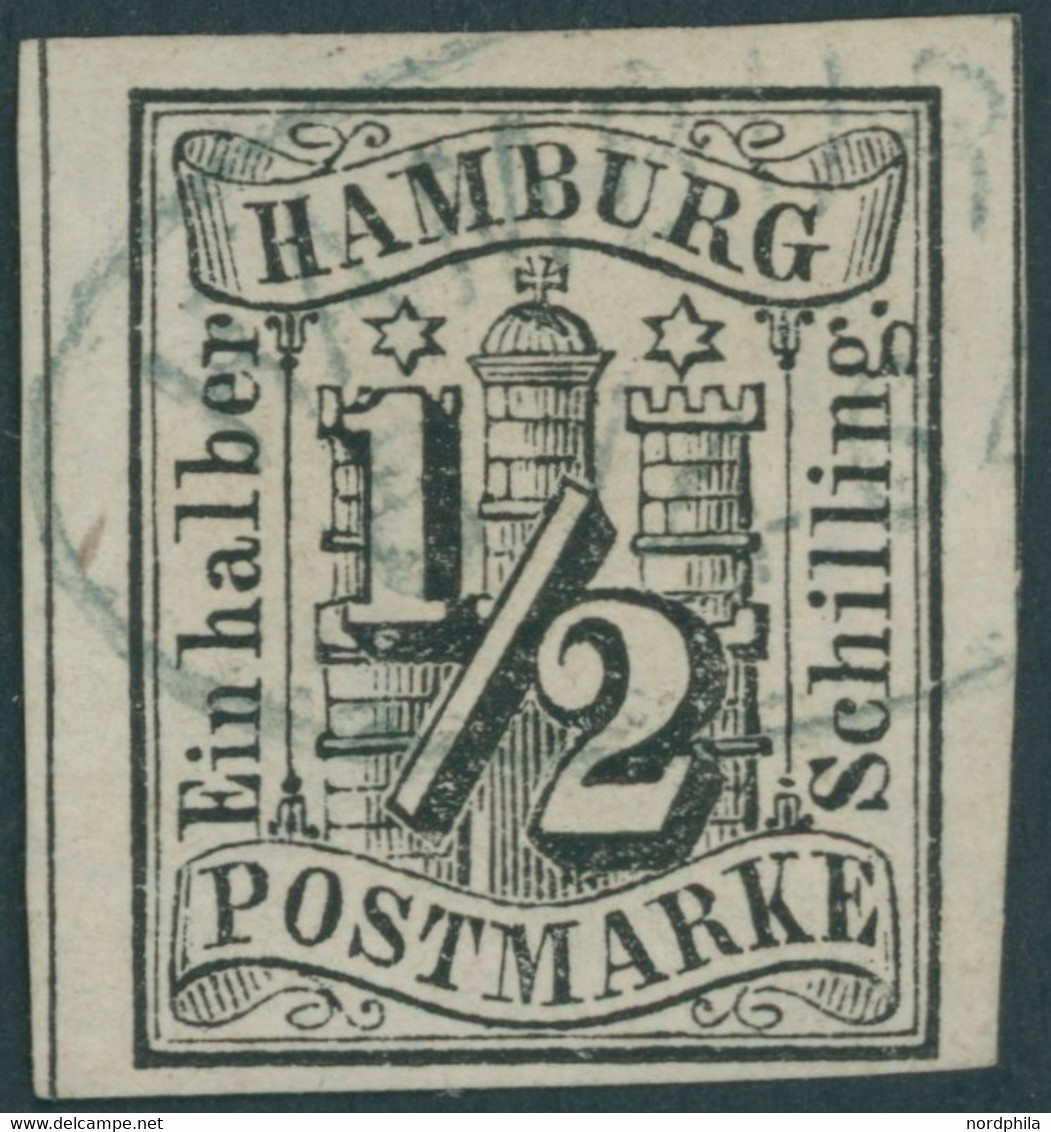 HAMBURG 1 O, 1859, 1/2 S. Schwarz Mit Zentrischem Ovalstempel, Voll-breitrandig Mit Trennlinien Links Und Rechts, Pracht - Hamburg