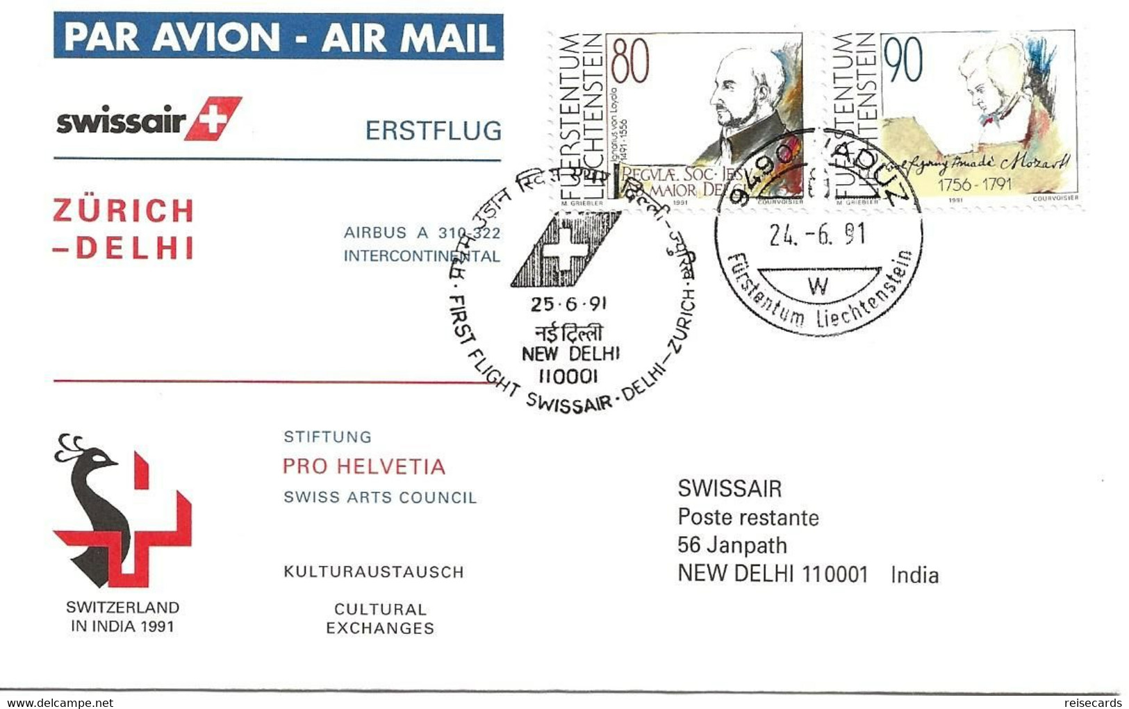 Liechtenstein: 1991 Swissair Air Mail Brief Zürich - New Delhi - Cartas & Documentos