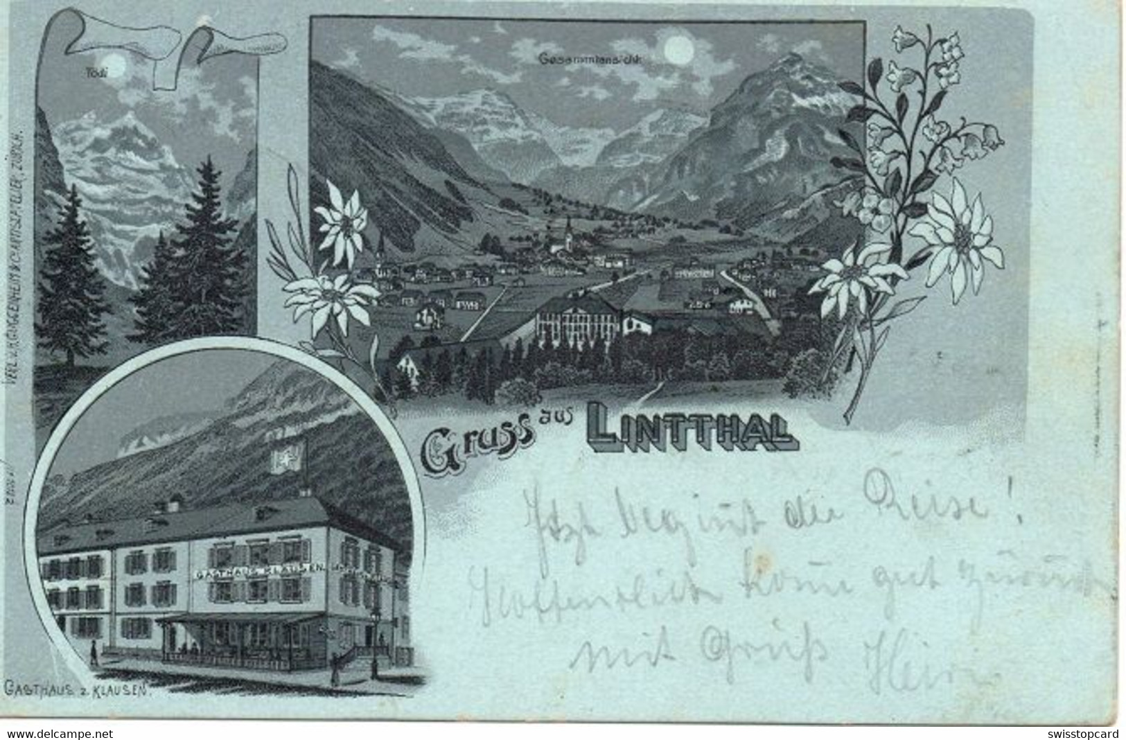 LITHO Gruss Aus LINTHAL Gasthaus Klausen Gel. 1902 N. Zürich Stempel Gasthof Klausen - Linthal