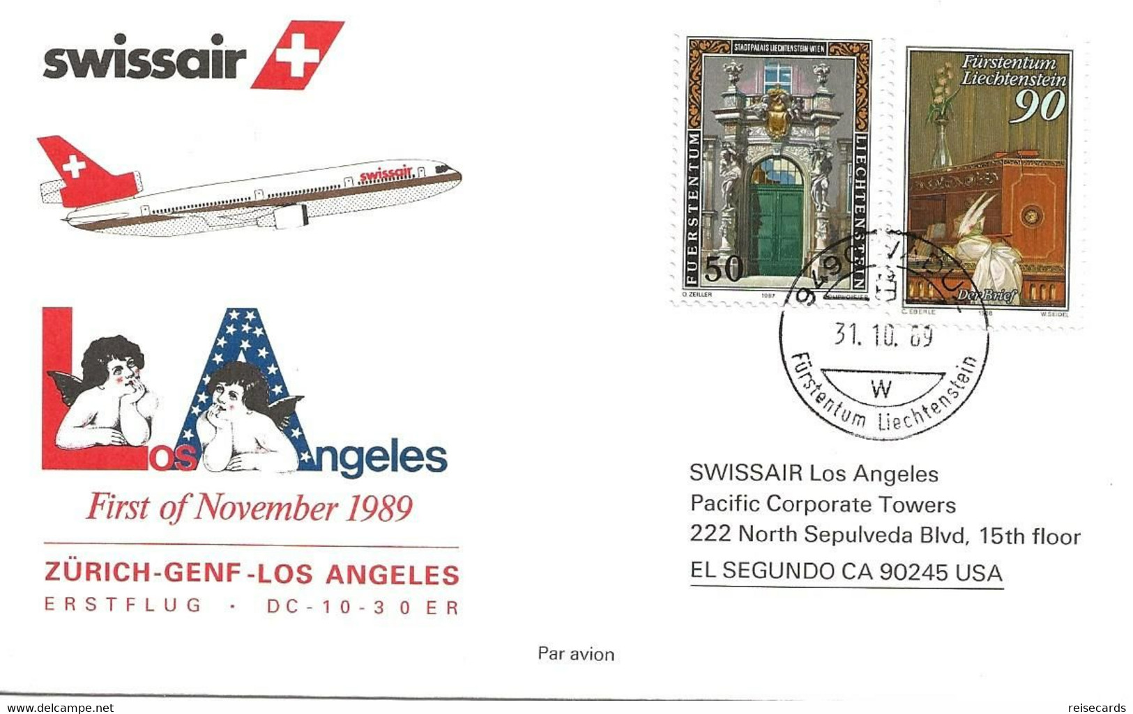 Liechtenstein: 1989 Swissair Air Mail Brief Zürich - Los Angeles (Erstflug) - Covers & Documents