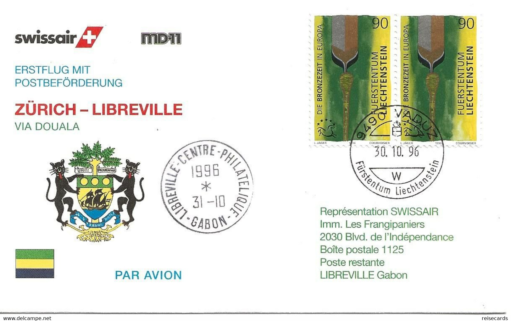 Liechtenstein: 1996 Swissair Air Mail Brief Zürich - Libreville - Brieven En Documenten