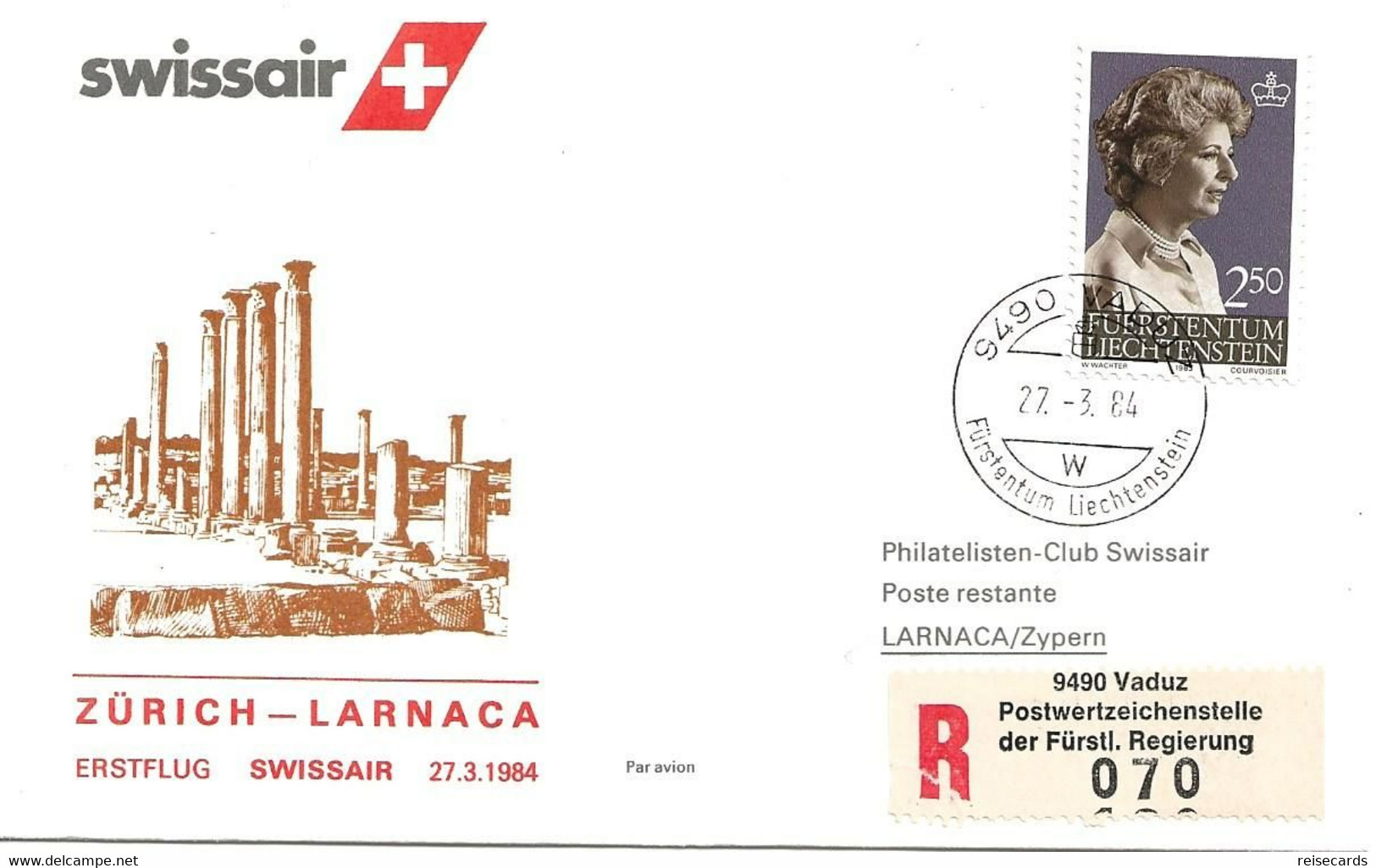 Liechtenstein: 1984 Swissair Air Mail Brief Zürich - Larnaca - Storia Postale