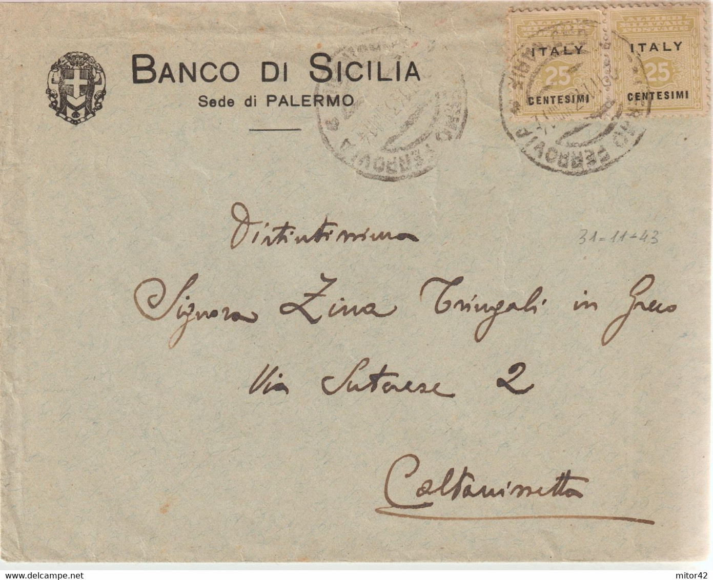 140-Amgot-Occupazione Alleata Sicilia-Busta Intestata Banco Di Sicilia-Palermo-coppia 25c-x Caltanissetta. - Anglo-american Occ.: Sicily