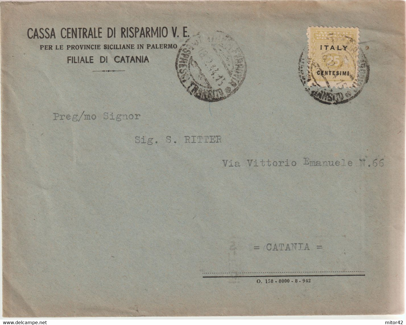 135-Amgot-Occupazione Alleata Sicilia-Busta Intestata-Cassa Centrale Risparmio V.E.-25c. Da E X Catania - Anglo-Amerik. Bez.: Sicilë