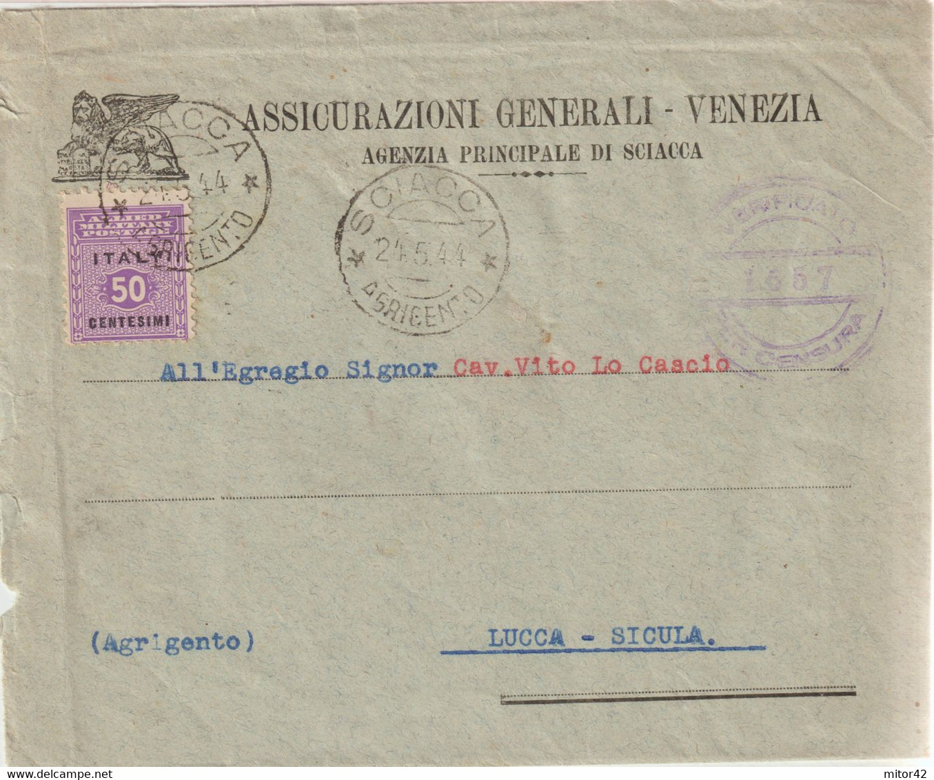 147-Amgot-Occupazione Alleata Sicilia-Busta Intestata Assicurazioni Venezia Ag. Di Sciacca-lettera Interna-Lucca Sicula - Anglo-american Occ.: Sicily