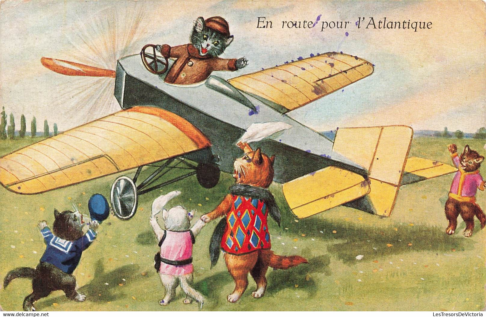 CPA Fantaisie - Animaux Habillés - En Route Pour L'atlantique - Chats Habillés Et Avion - Dressed Animals