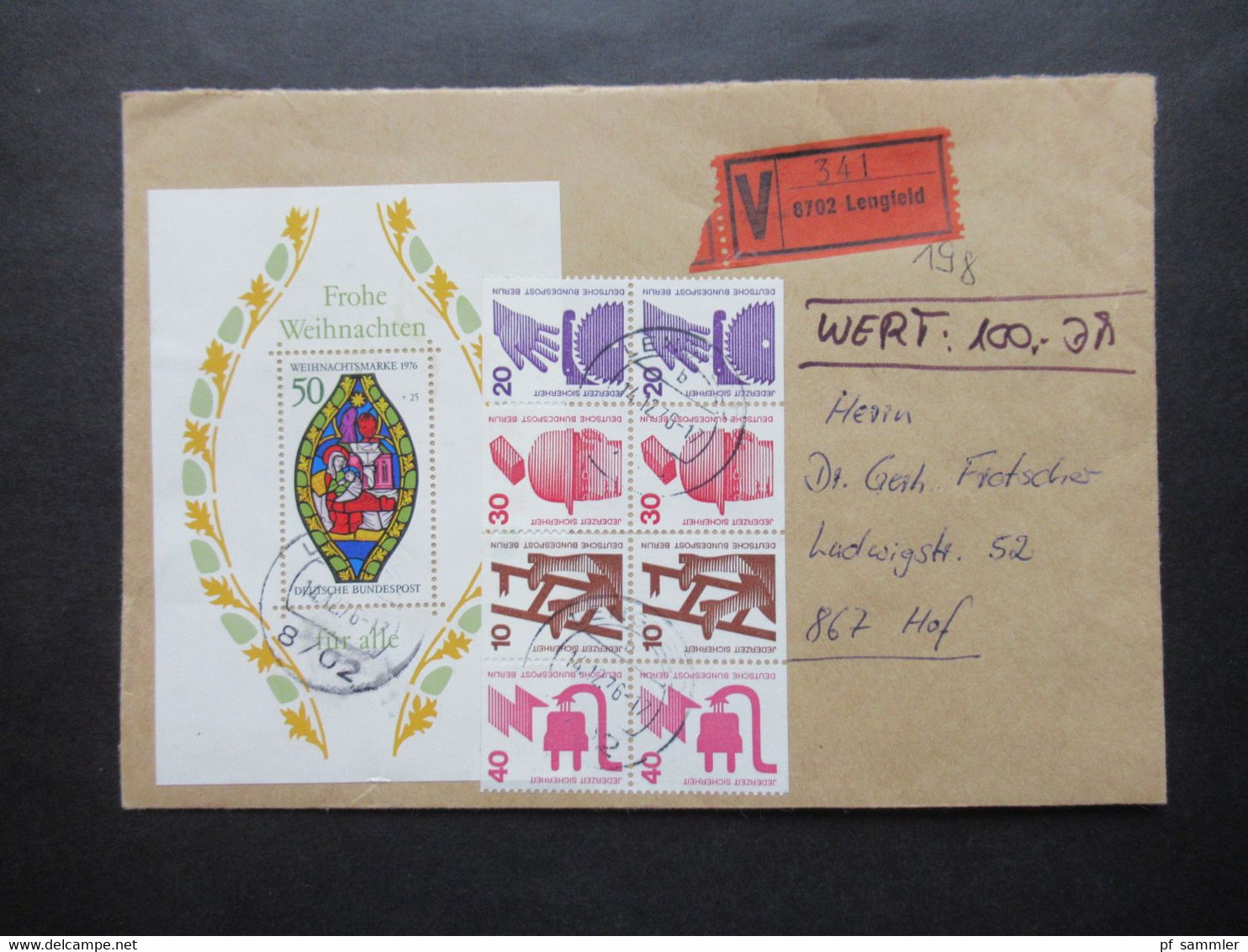 Berlin / BRD 1976 Wertbrief V Zettel 8702 Lengfeld H-Blatt Berlin Freimarken Unfallverhütung Und Weihnachtsblock Der BRD - Storia Postale