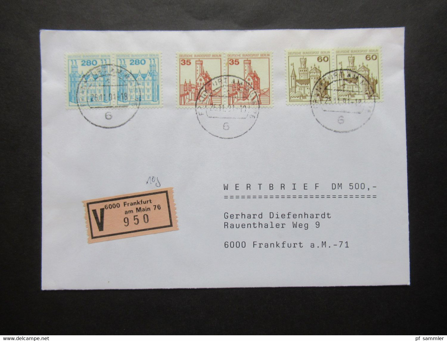 Berlin Freimarken Burgen Und Schlösser MiF 3x Waagerechtes Paar U.a. Nr.676 Wertbrief Frankfurt Ortsbrief Verwendet 1991 - Storia Postale