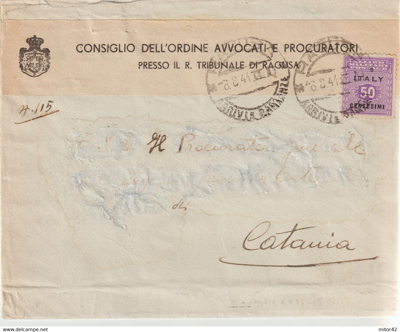 154-Amgot-Occupazione Alleata Sicilia-Busta Intestata Ordine Avvocati-50c. Da Ragusa A Catania - Anglo-american Occ.: Sicily