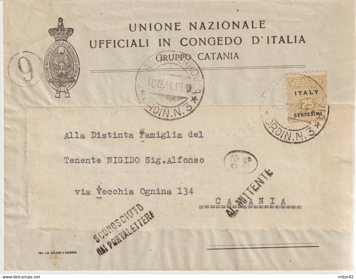 155-Amgot-Occupazione Alleata Sicilia-Busta Intestata U.N.U.C.I.-50c. Da E X  Catania - Occ. Anglo-américaine: Sicile