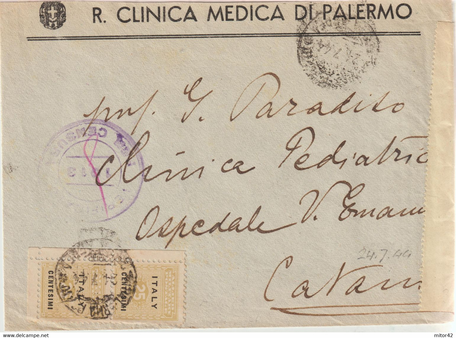 156-Amgot-Occupazione Alleata Sicilia-Busta Intestata Con STEMMA SABAUDO-coppia 25c.angolo Foglio X Catania - Occ. Anglo-américaine: Sicile