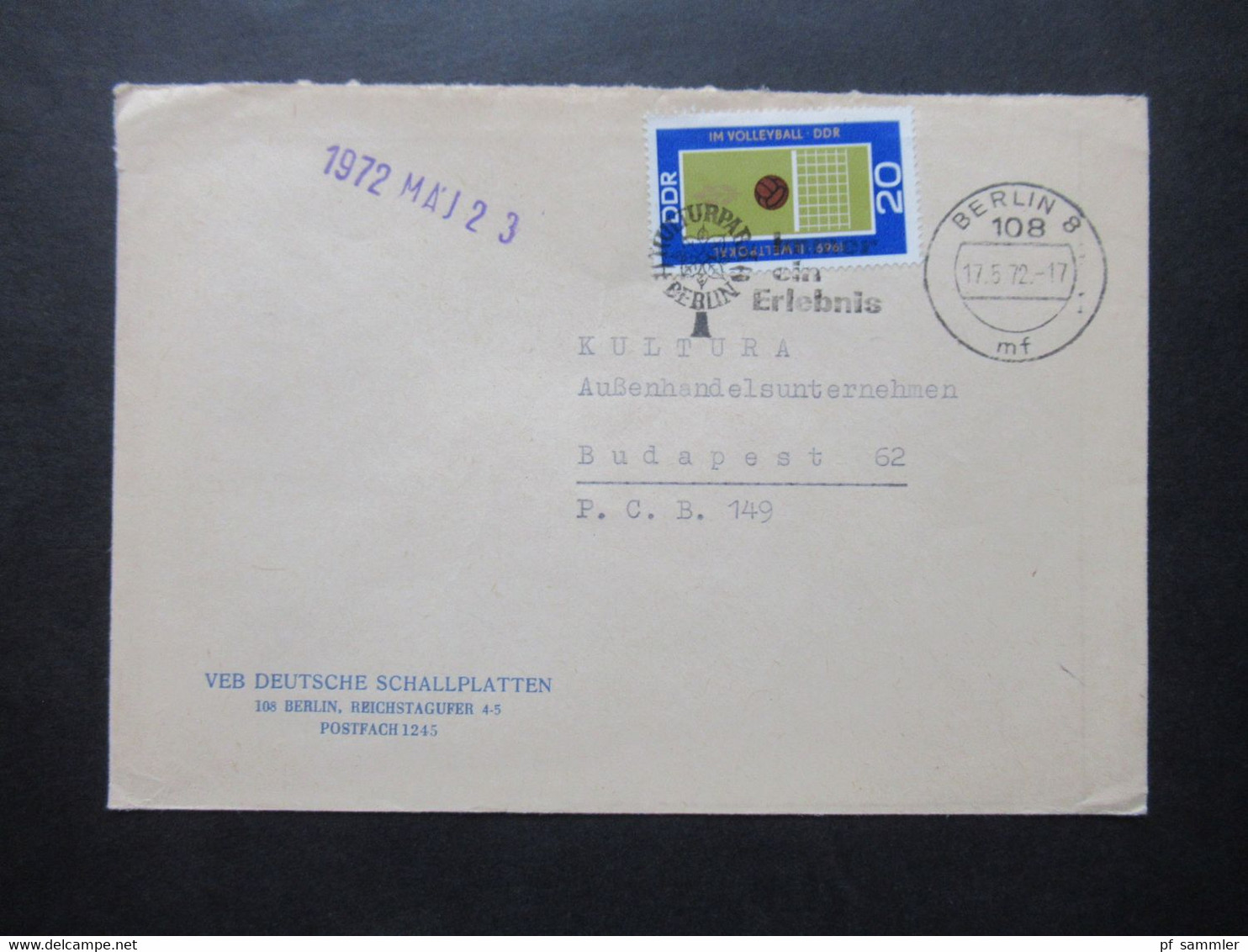 DDR 1972 2 Auslandsbriefe nach Ungarn 1x Luftpost Umschläge VEB Deutsche Schallplatten / Bereich Absatz usw.
