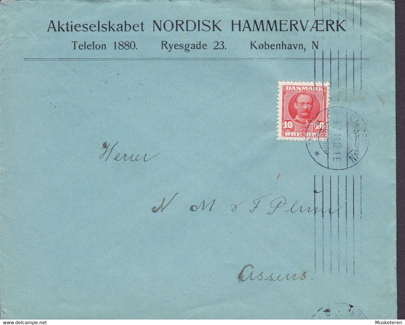 Denmark Aktieselskabet NORDISK HAMMERVÆRK, TMS Cds. KJØBENHAVN (*N*) 1911 Cover Brief ASSENS (Arr.) 2x Fr. VIII. - Brieven En Documenten