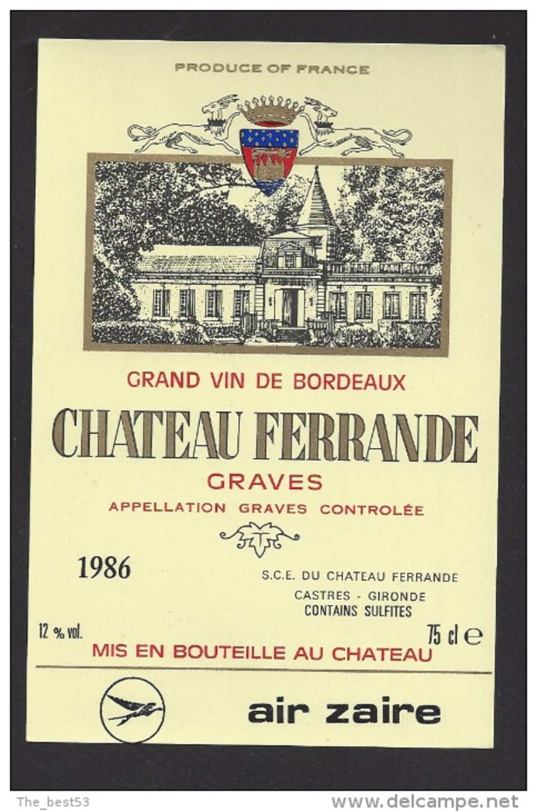 Etiquettes De Vin  Graves  1986  -  Chateau Ferrande   -  Air Zaïre  -  Thème Aviation - Vliegtuigen