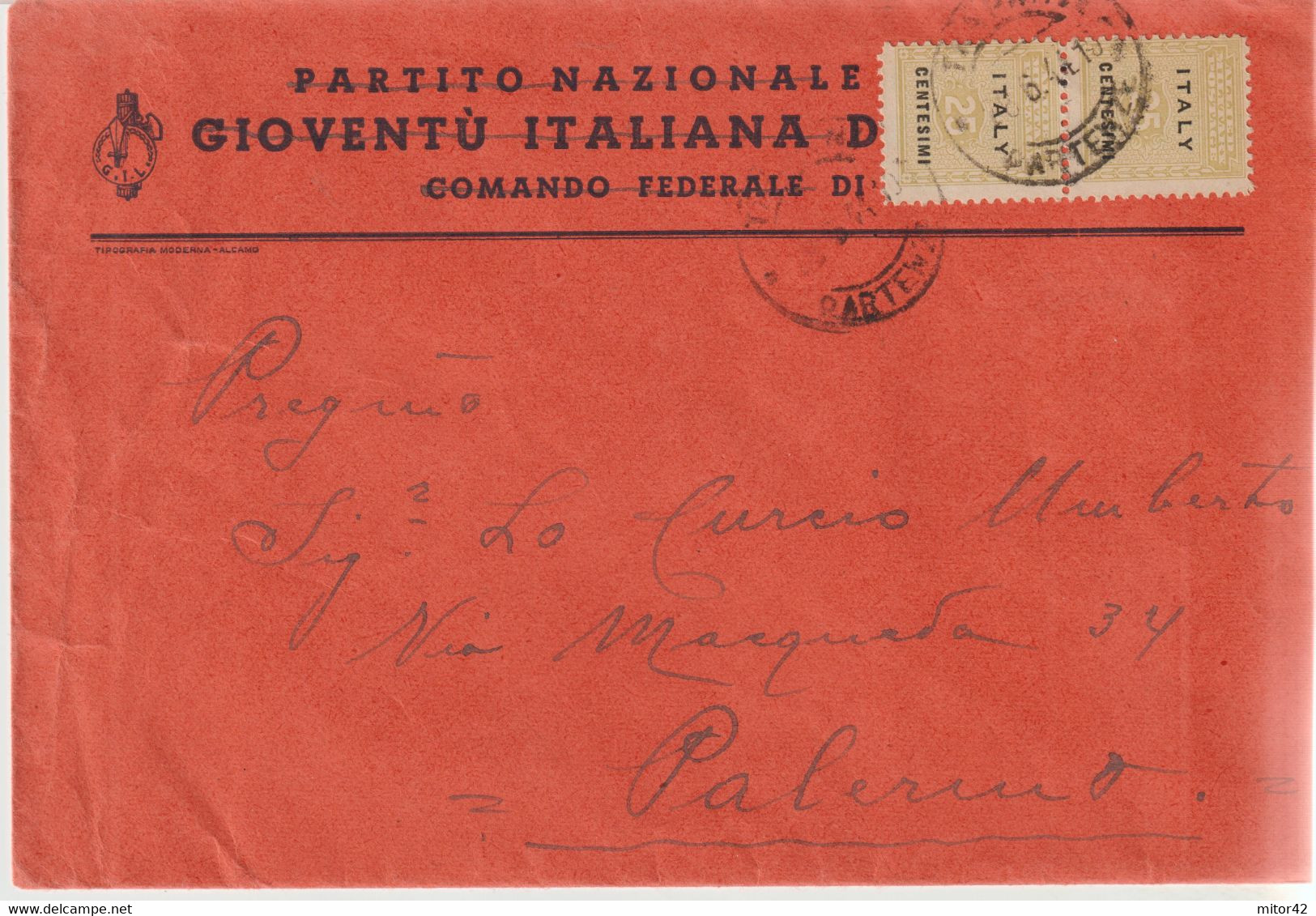 160-Amgot-Occupazione Alleata Sicilia-Busta Intestata P.N.F. Con STEMMA FASCISTA E Scritte Cancellate-25c.(x2) X Palermo - Anglo-Amerik. Bez.: Sicilë