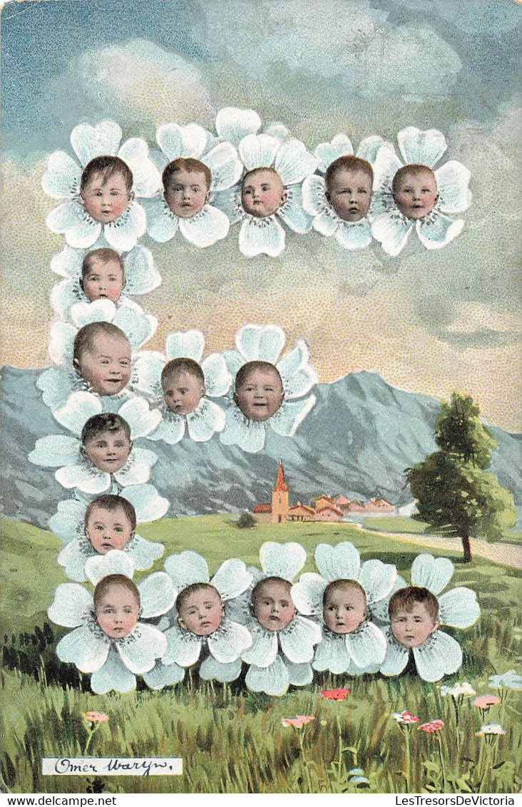 CPA Fantaisie - Bébés - Tetes De Bébé Dans Des Fleurs - Lettre E - Humour - Babies