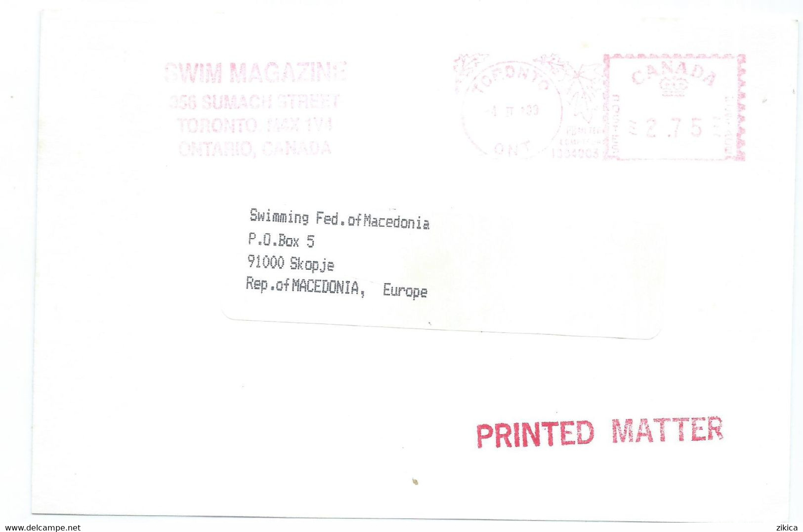 Canada Card Via Macedonia 1999,meter Stamp Motive SWIM MAGAZINE - Cartas & Documentos