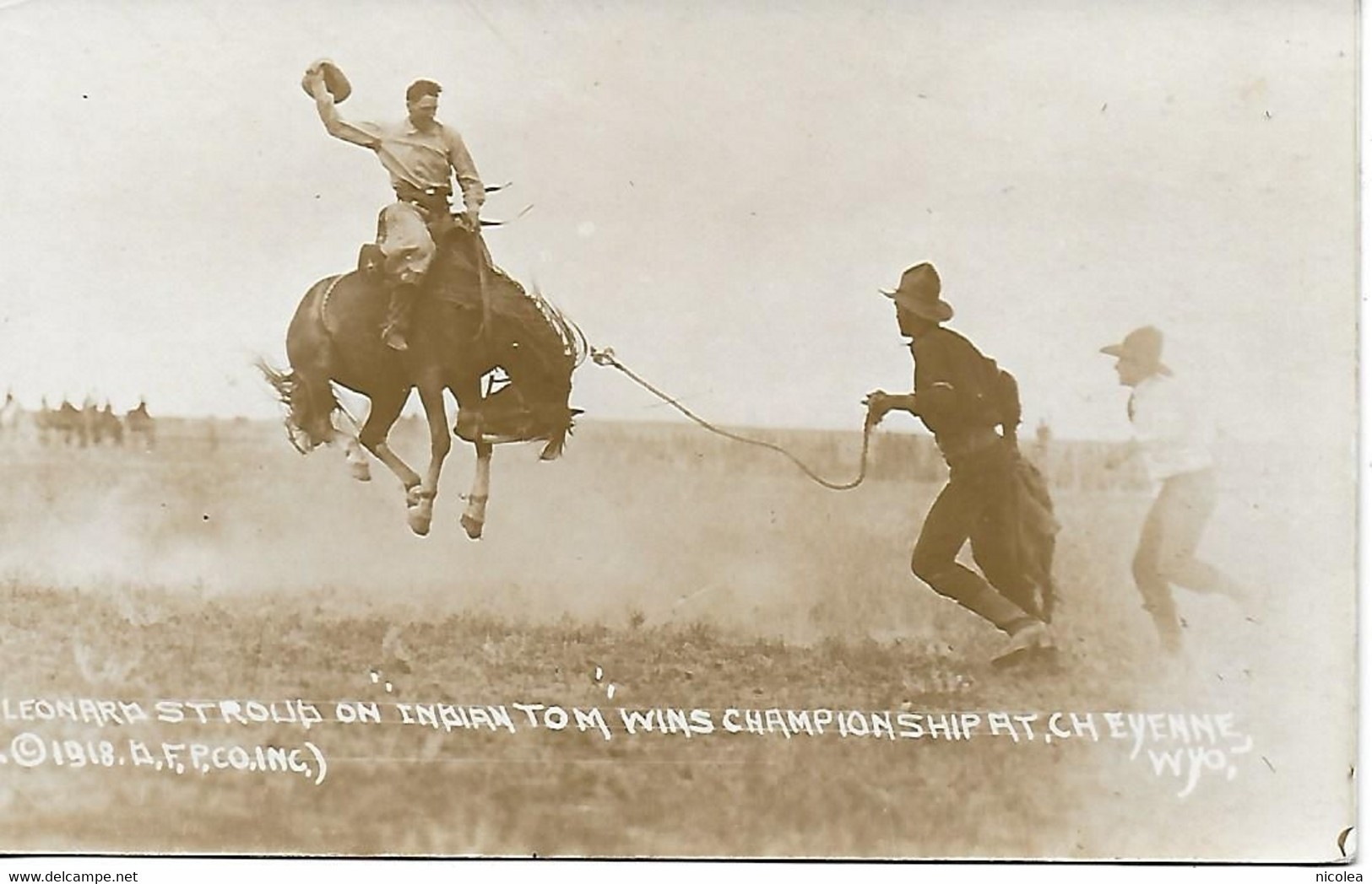 RODEO PHOTO POST CARD 1918 CHEYENNE WYOMING LEONARD STROUB ON INDIAN TOM WINS CHAMPIONSHIP AT CHEYENNE - Cheyenne