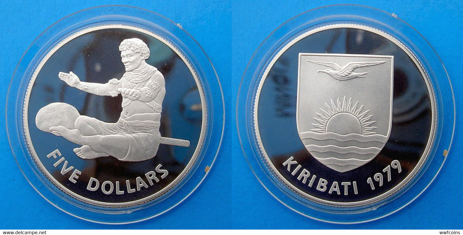 KIRIBATI 5 $ 1979 ARGENTO PROOF INDIPENDENZA L'ISOLA CHE NON C'è PESO 28,64g TITOLO 0,925 CONSERVAZIONE FONDO SPECCHIO U - Kiribati