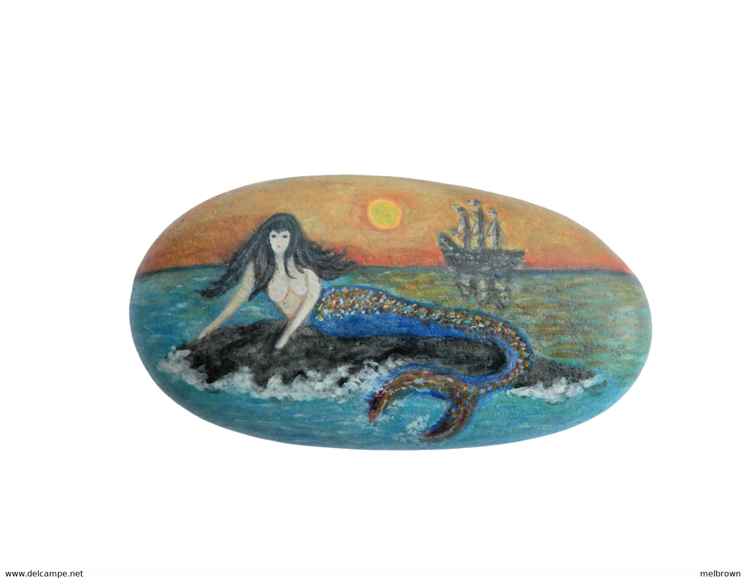 Blue Mermaid Hand Painted On A Smooth Beach Stone Paperweight - Pisapapeles