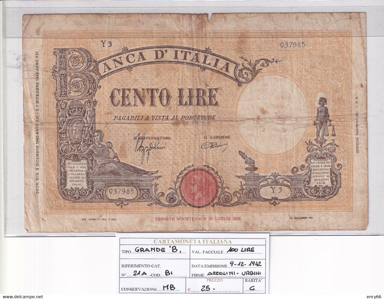 ITALIA 100 LIRE 09-12-1942 CAT. N° 21A - 100 Liras