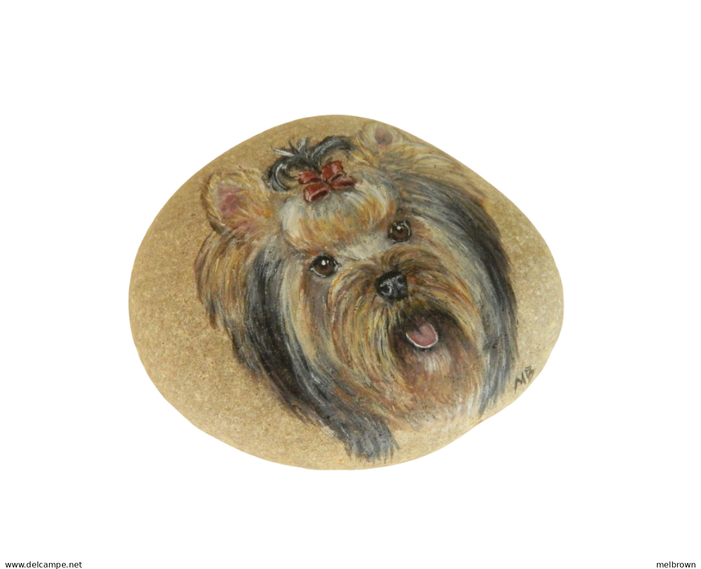 Yorkshire Terrier Hand Painted On A Smooth Beach Stone Paperweight - Fermacarte