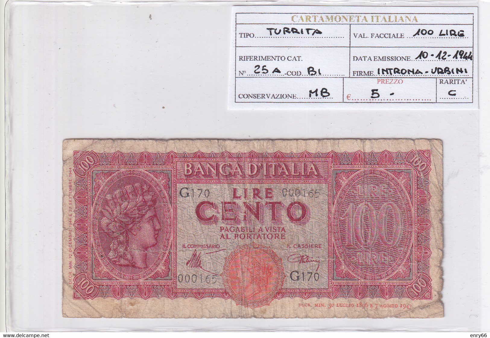 ITALIA 100 LIRE 10-12-1944 CAT. N° 25A - 100 Liras