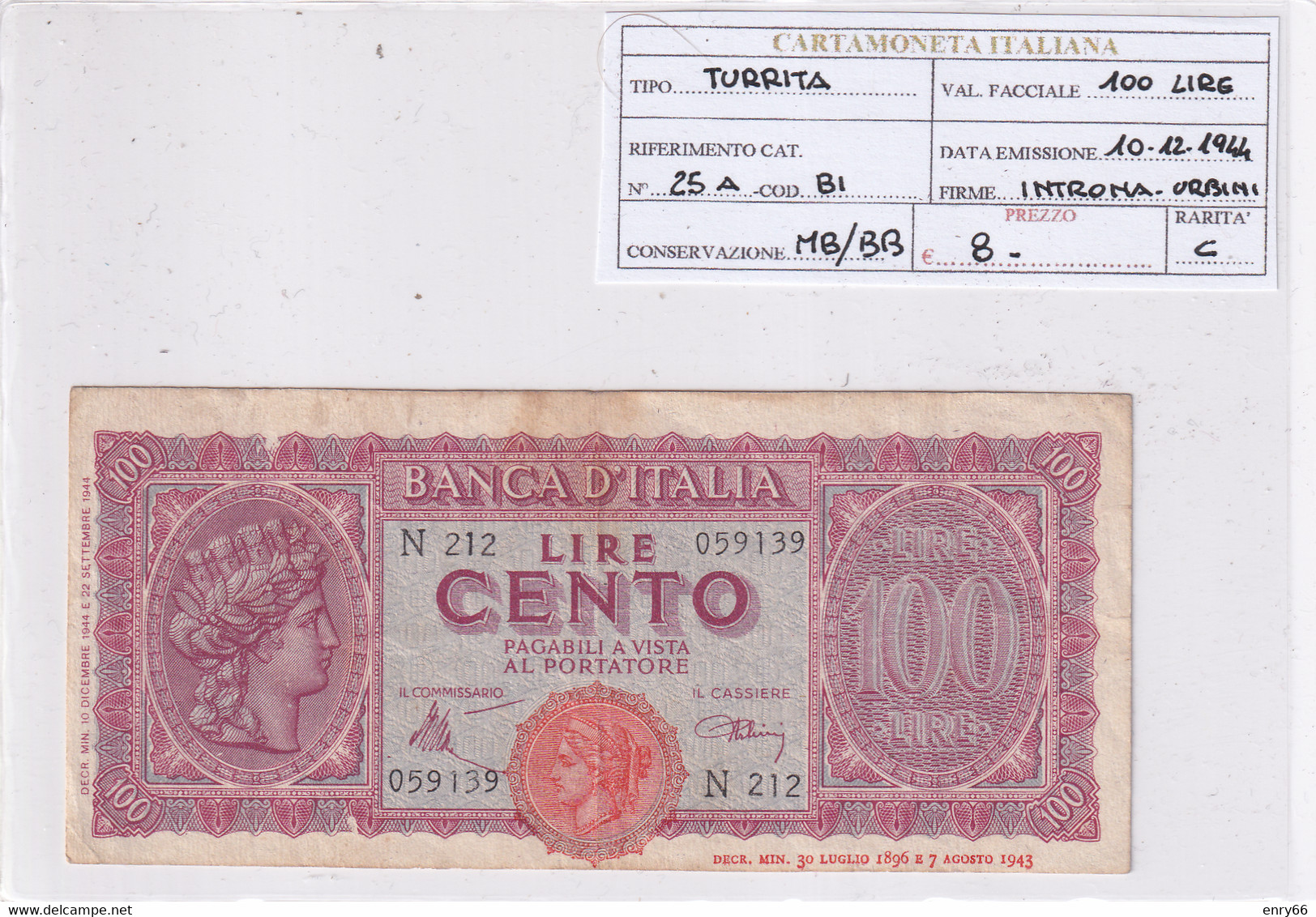 ITALIA 100 LIRE 10-12-1944 CAT. N° 25A - 100 Lire