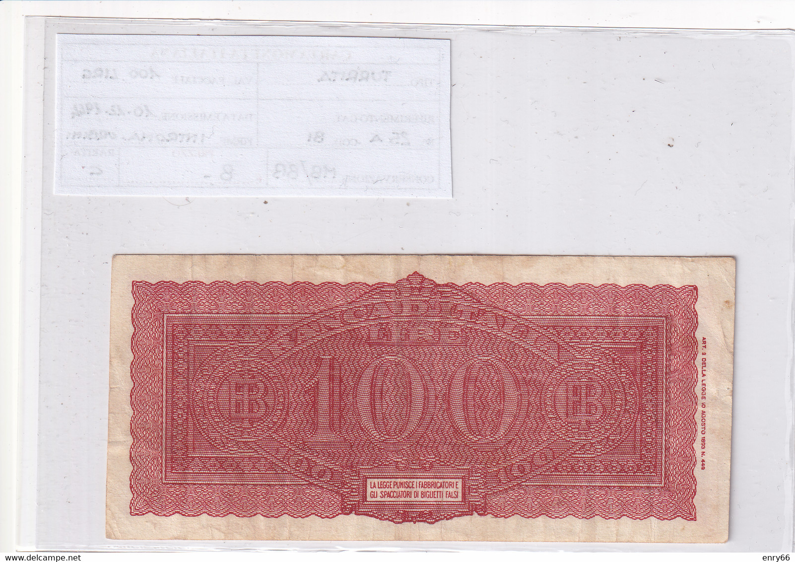 ITALIA 100 LIRE 10-12-1944 CAT. N° 25A - 100 Liras