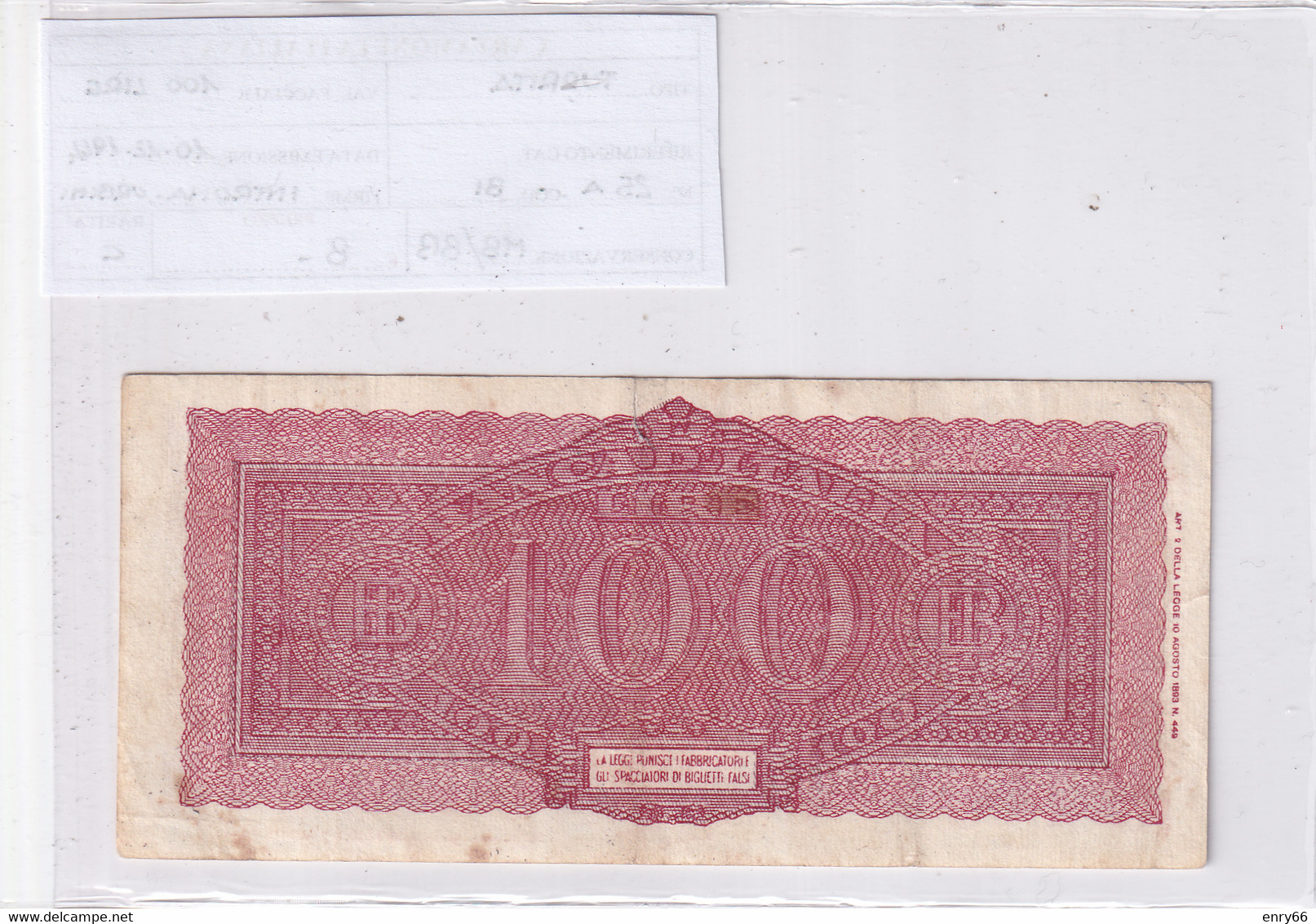 ITALIA 100 LIRE 10-12-1944 CAT. N° 25A - 100 Liras