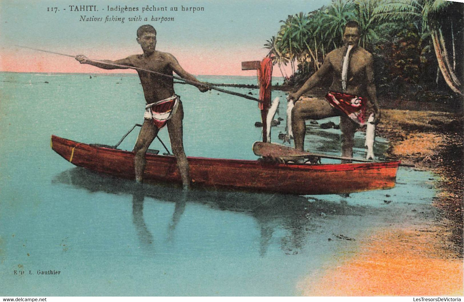 CPA TAHITI - Indigenes Pechant Au Harpon - Natives Fishing With A Harpon - Poissons - Gautier  - Pirogue - Colorisé - Tahiti