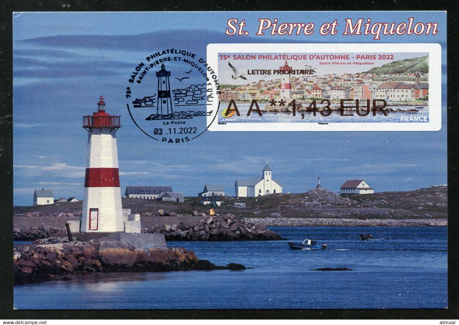 FRANCE (2022) Carte Maximum Card ATM LISA - 75e Salon Philatélique Automne, Saint-Pierre-et-Miquelon, Phare, Lighthouse - 2020-…