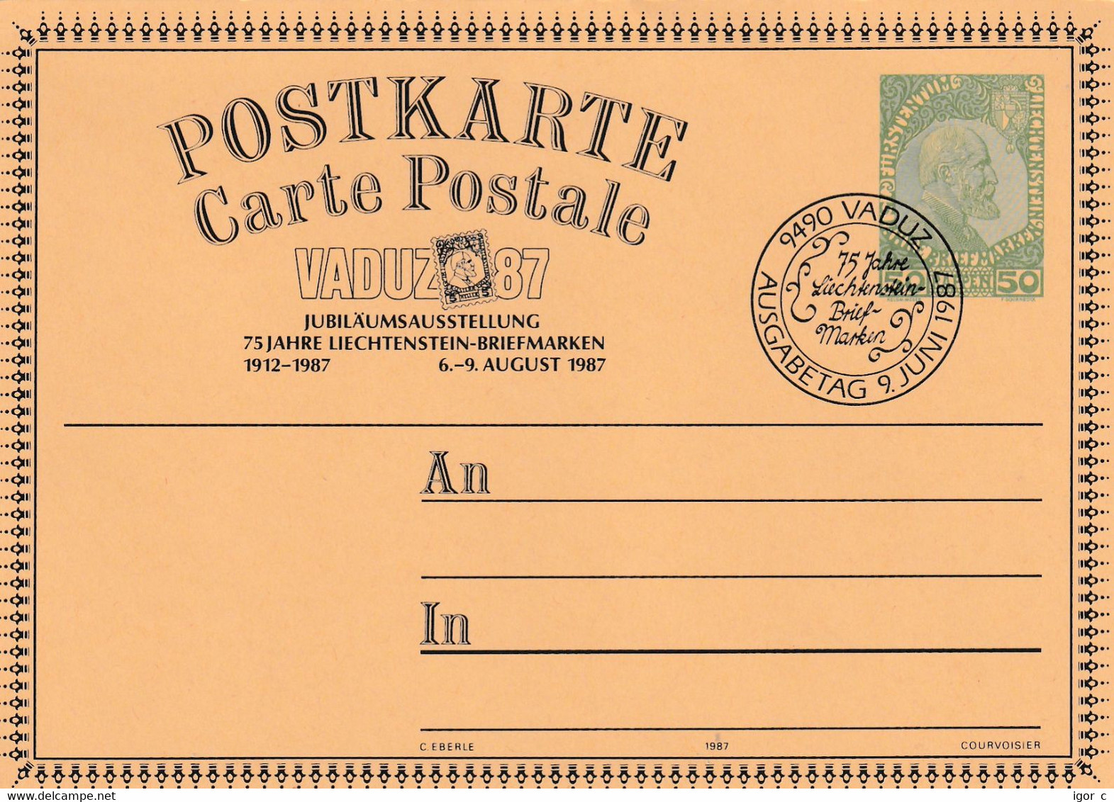 Liechtenstein 1987 Postal Stationery Card; 75 Stamps In Liechtenstein; Vaduz Cancellation - Entiers Postaux